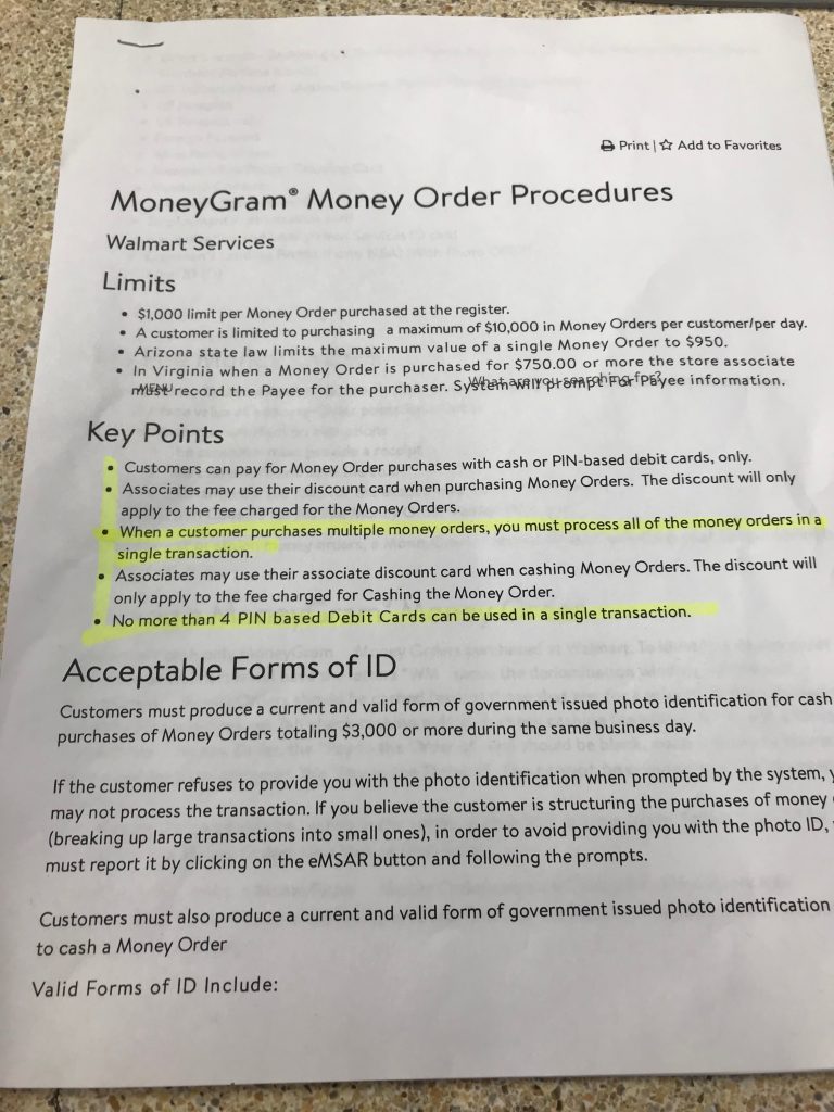 Money order best sale limit walmart